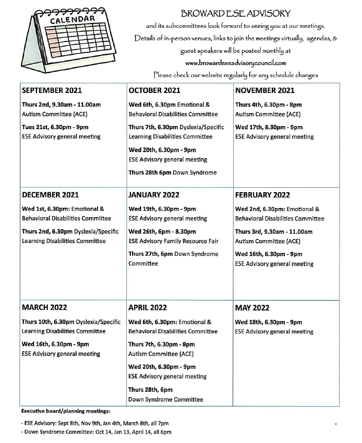 BROWARD ESE ADVISORY CALENDAR